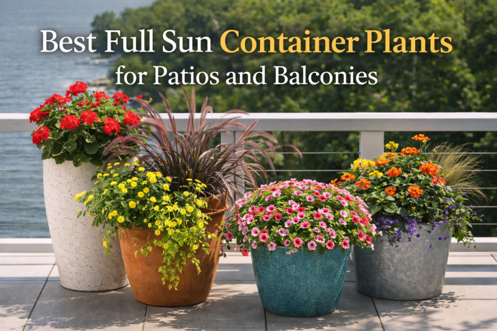 Colorful container plants growing on a sunny patio and apartment balcony
