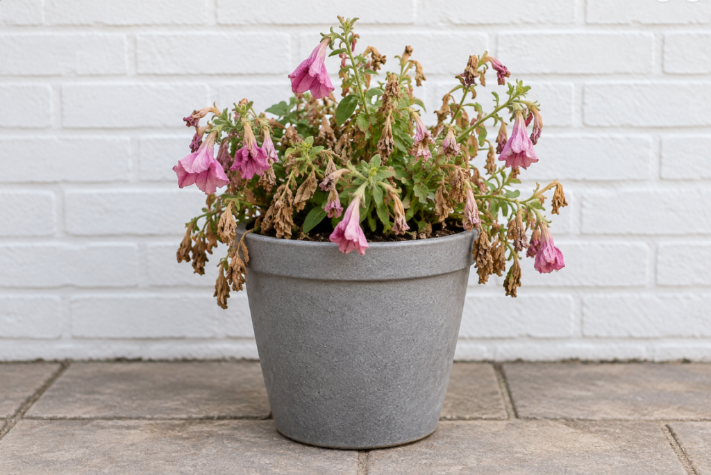 Dying container plant with wilted pink flowers in a gray pot
